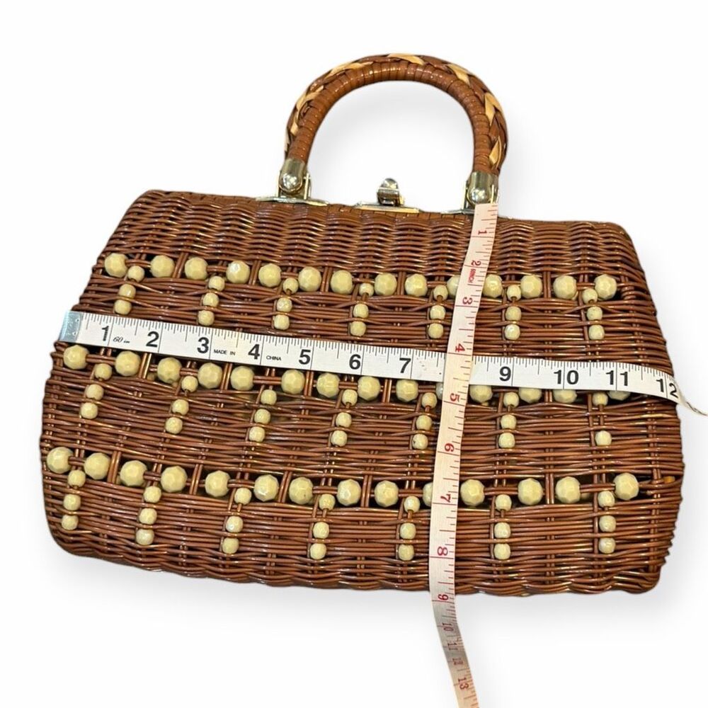 VINTAGE Brown Rattan Wicker Beaded Box Handbag Top Handle Purse Empire Made - Picture 4 of 7